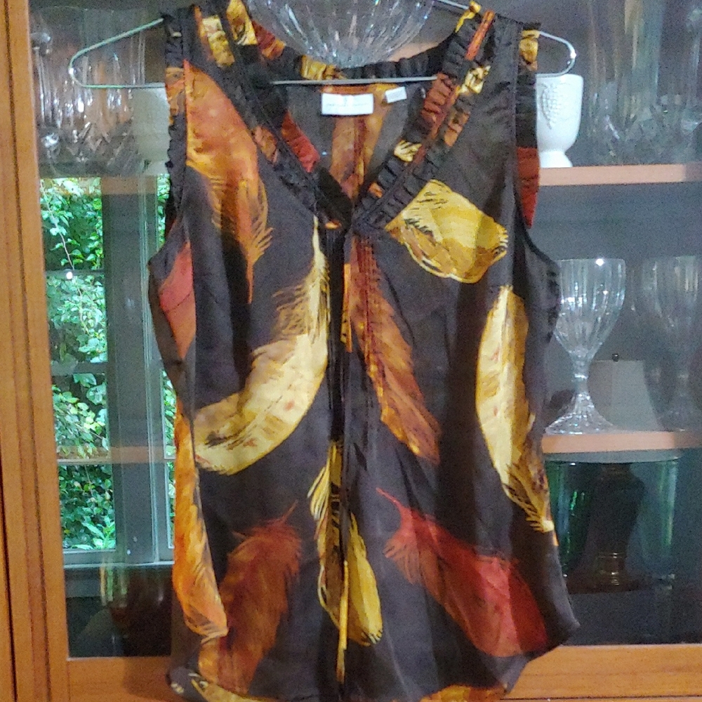 New York & Company Lightweight Sheer Feather Print Blouse - Black, Yellow, Red